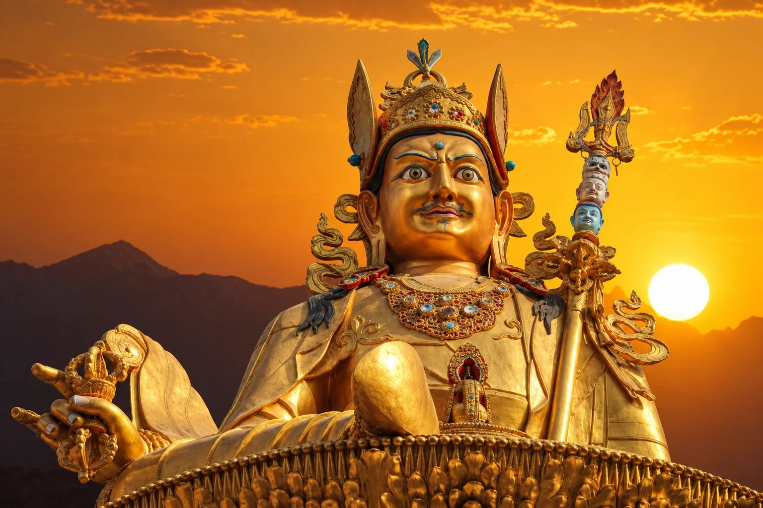 Golden statue of Guru Padmasambhava against a sunset sky over the mountains